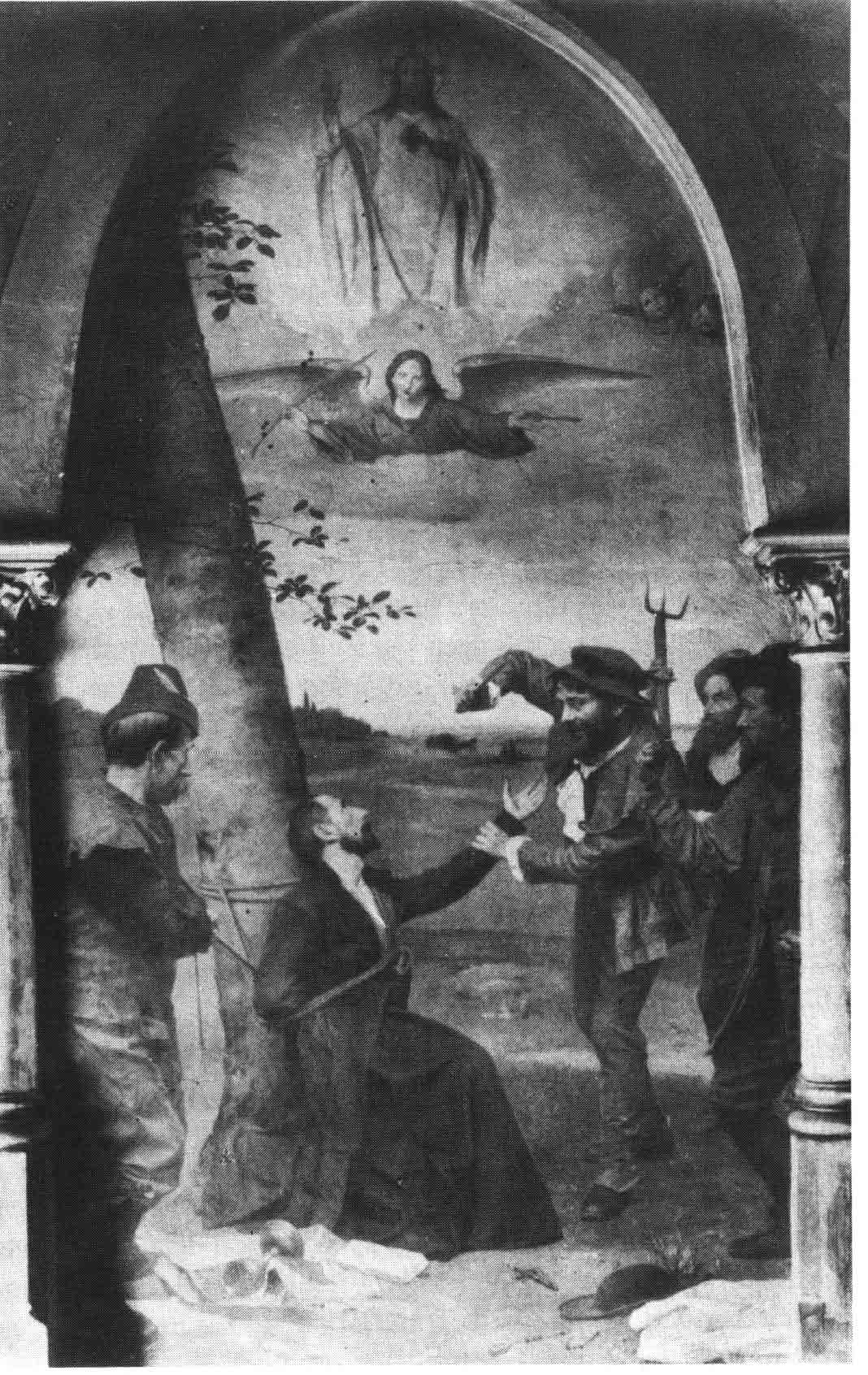 Aufnahme eines inzwischen samt der Kettenburger  Schlosskapelle zerstörten Gemäldes,  das den Martertod Arnoldis 1631 darstellt
